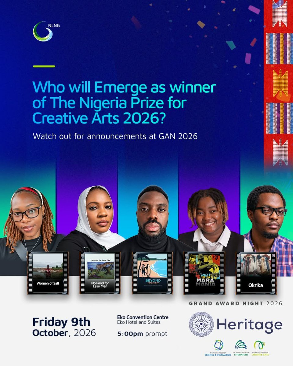 NGRLitPrize's tweet photo. The anticipation is building!
The winner of The Nigeria Prize for Creative Arts 2026 will be revealed tomorrow at the Grand Award Night 2026.
Which film/Creator are you rooting for?
GAN26, our Heritage!
#GAN26
#Thenigeriaprizes2026
#Heritage https://t.co/wVN3h579nF