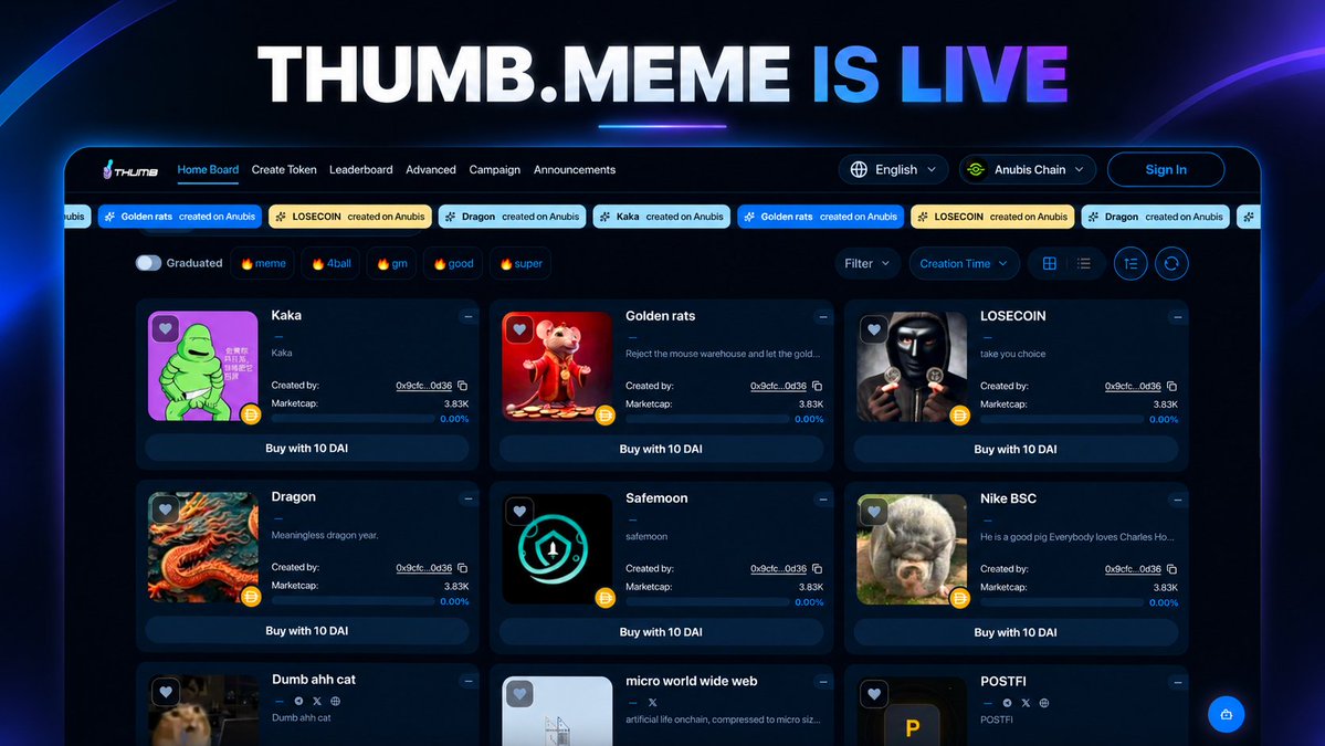 thumb_meme_'s tweet photo. https://t.co/rnZPIaUKR2 is officially live on Anubis.

Create meme tokens.
Discover what’s launching.
Trade what catches your eye.

Start exploring ↓
https://t.co/DgptK13BVr

#thumbmeme #AnubisChain #Meme https://t.co/XomQQYzNxI