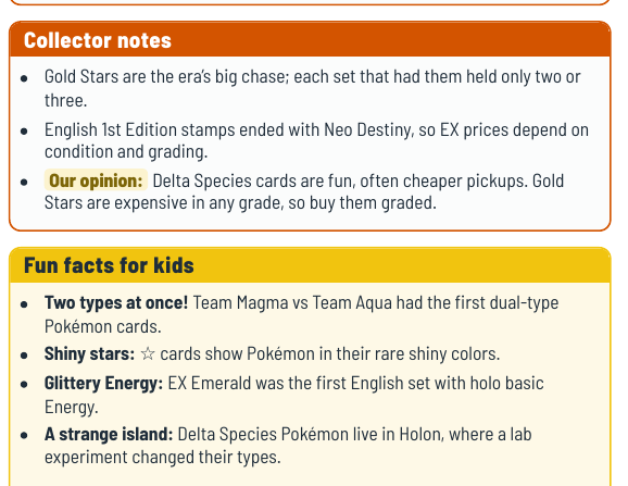 JaeBugzCards's tweet photo. Era 3: EX, Jul 2003 – Feb 2007. 16 sets.

Lowercase "ex" = two Prize cards. A ☆ after the name = Gold Star, a Pokémon in its rare shiny colors. δ = Delta Species, a type twist.

Kids love a shiny hunt. So do dads. ✨

#PokeParents #PokemonTCG https://t.co/mvLhU70Nyt