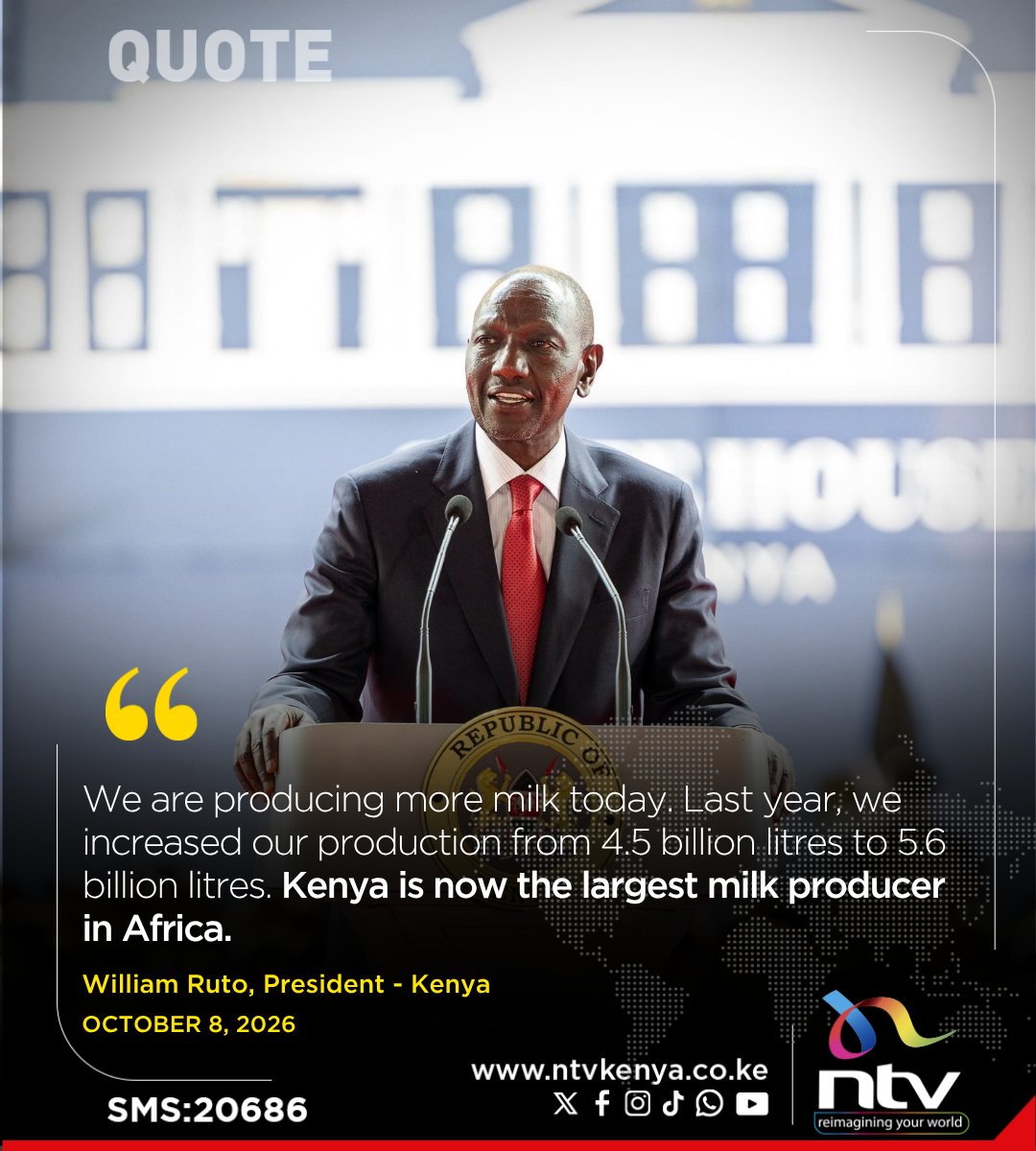 ntvkenya's tweet photo. President Ruto: We are producing more milk today. Last year, we increased our production from 4.5 billion litres to 5.6 billion litres. Kenya is now the largest milk producer in Africa. https://t.co/4SRdCb19sf