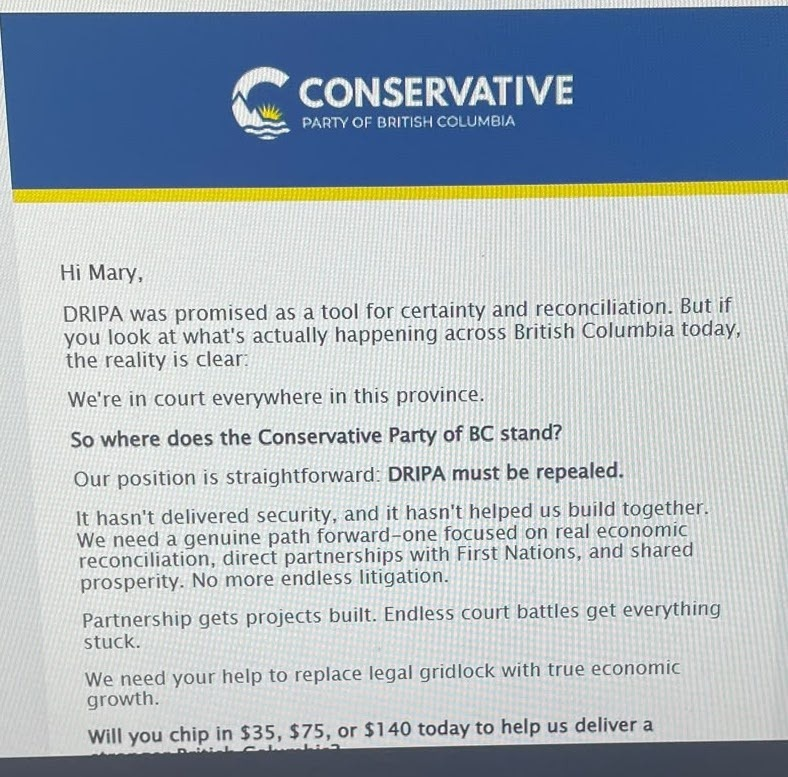 mashakleiner's tweet photo. Just days ago, when they were sending their flyers to print, the BC Conservative party made no mention of DRIPA. Not a word.

After immense pressure from @One_BCHQ, suddenly the BCCons promise to repeal DRIPA. This is why OneBC must be in the Legislature. 

Without us, BCCons will out-NDP the NDP.