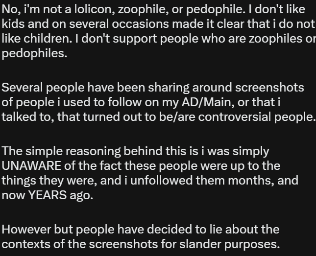 PalmTreeRothic's tweet photo. Addressing the Pedo, Proship, and Misogyny allegations.

TL;DR is that they're literally just not true. But if you don't take my word for it and want an explanation, please be my guest and read: https://t.co/jmbztgrUDU