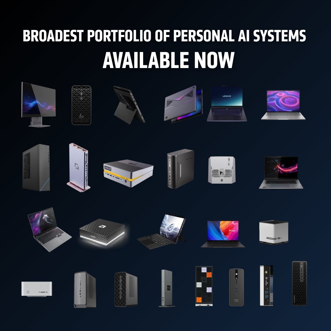 AMDRyzen's tweet photo. Your agentic AI ambitions don’t need a preorder.
AMD Ryzen AI Max+ powered laptops are available NOW. Ready to create, code, build or game?

Explore 32GB, 64GB and 128GB options in the thread below. 👇 https://t.co/OYyDxIMLKn