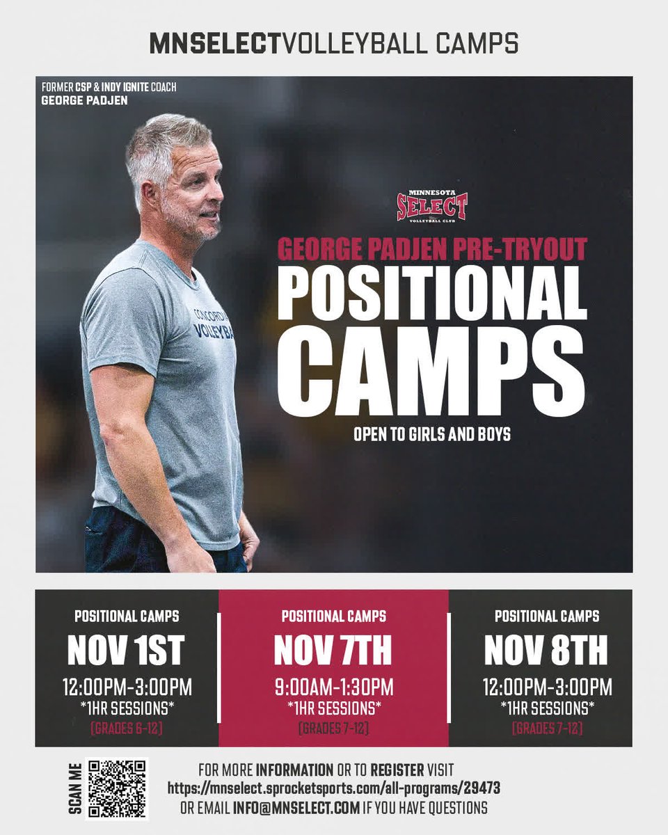 MNSelect's tweet photo. George Padjen Camps are BACK! 
Join former Concordia-St. Paul and Indy Ignite Coach for Pre-Tryout Positional Camps. Each day is filled with 1hr Sessions for position specific training. This camp is open to Girls &amp; Boys grades 6-12.
#mnselect https://t.co/o34PpMwiWN