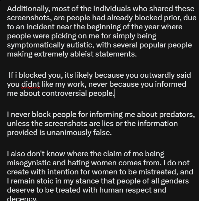 PalmTreeRothic's tweet photo. Addressing the Pedo, Proship, and Misogyny allegations.

TL;DR is that they're literally just not true. But if you don't take my word for it and want an explanation, please be my guest and read: https://t.co/jmbztgrUDU