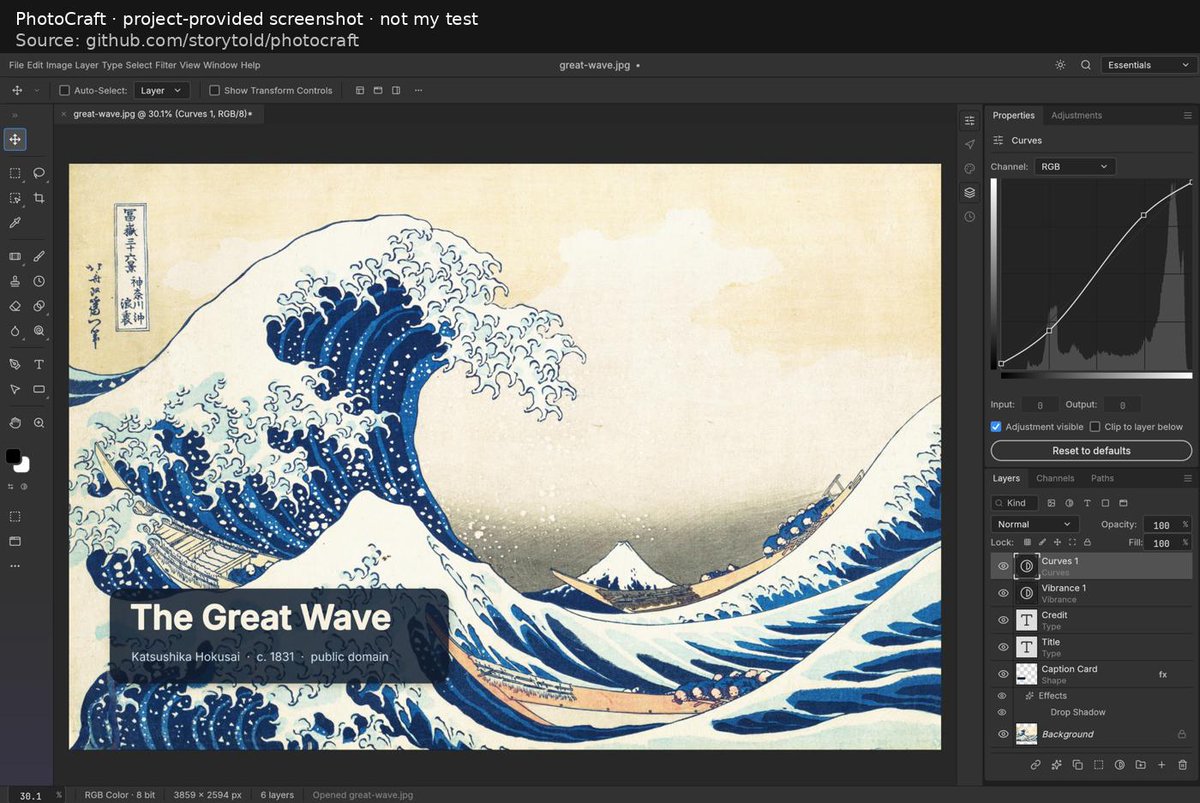 alexcarterbuild's tweet photo. That Photoshop-looking screen is PhotoCraft. Its README says AI agents can drive 500+ editing commands.

ArtCraft's open-source editor exposes the same commands through its UI, CLI and MCP server. The project also warns: early alpha, not a replacement for daily professional Photoshop work.

My take: the interesting AI feature isn't generating another image. It's making edits inside a layered document you can keep editing.

Project screenshot below; I haven't tested it.