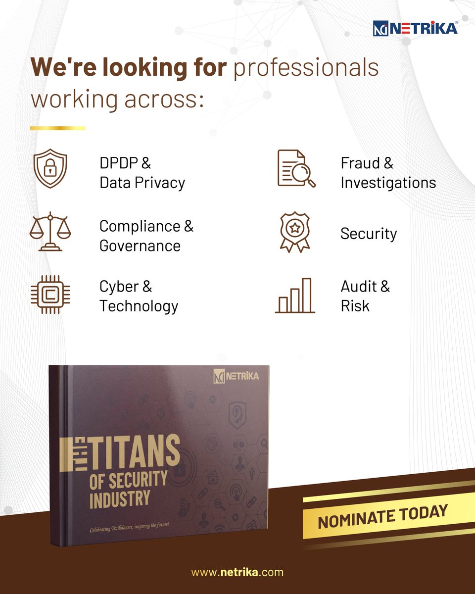 Netrika_PvtLtd's tweet photo. The conversations around risk are changing.

NCTB V: The Intelligence Frontier brings together experts shaping perspectives across data privacy, fraud, forensics, compliance, security and risk.

Nominate today: https://t.co/2UQxGA7Ei5

#NCTBV #TheIntelligenceFrontier #Netrika https://t.co/FmxsBzm5EV
