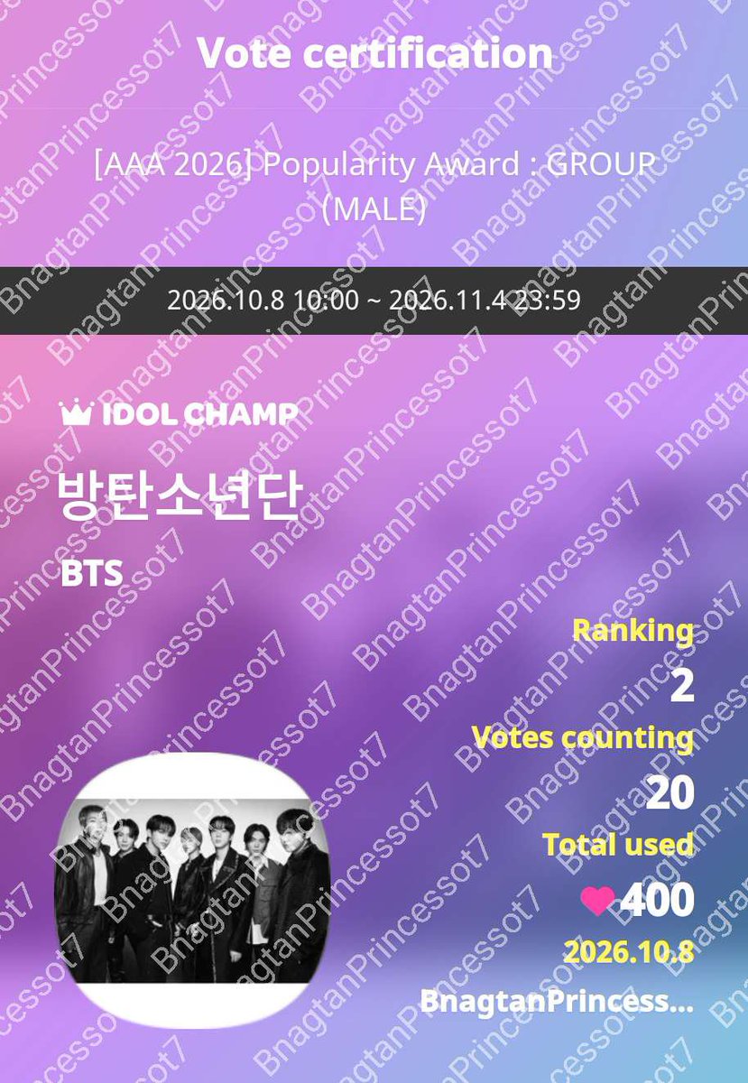 smiley_ot7's tweet photo. I vote for #ARIASBTS at the 2026 ARIA Music Awards.
🏆 #AsiaArtistAwards 🏆
 
-ˋˏ 𝙁𝙄𝙉𝘼𝙇 𝙑𝙊𝙏𝙀 𝙊𝙋𝙀𝙉 ˎˊ-

📆 10.8 - 11.4
Male Group Popularity Award
#AAA2026_IDOLCHAMP
#ㅇㅇㅇBTS
 #AAA2026 
IDOLCHAMP 아이돌챔프
방탄소년단 BTS 투표 완료🗳️
https://t.co/Qwbtb6L1cS https://t.co/uRRWbRMqIX