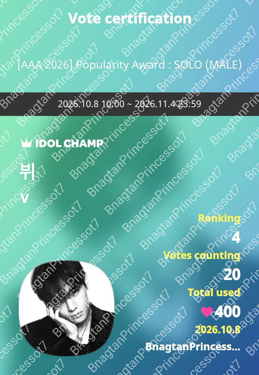 smiley_ot7's tweet photo. 🏆 #AsiaArtistAwards 🏆
 
-ˋˏ 𝙁𝙄𝙉𝘼𝙇 𝙑𝙊𝙏𝙀 𝙊𝙋𝙀𝙉 ˎˊ-

📆 10.8 - 11.4
 Male Solo Popularity Award
#AAA2026_IDOLCHAMP
#ㅇㅇㅇV
 #AAA2026 
IDOLCHAMP 아이돌챔프
뷔 V 투표 완료🗳️
https://t.co/Uvd8MQfLV3 https://t.co/FecXaQ0xcz