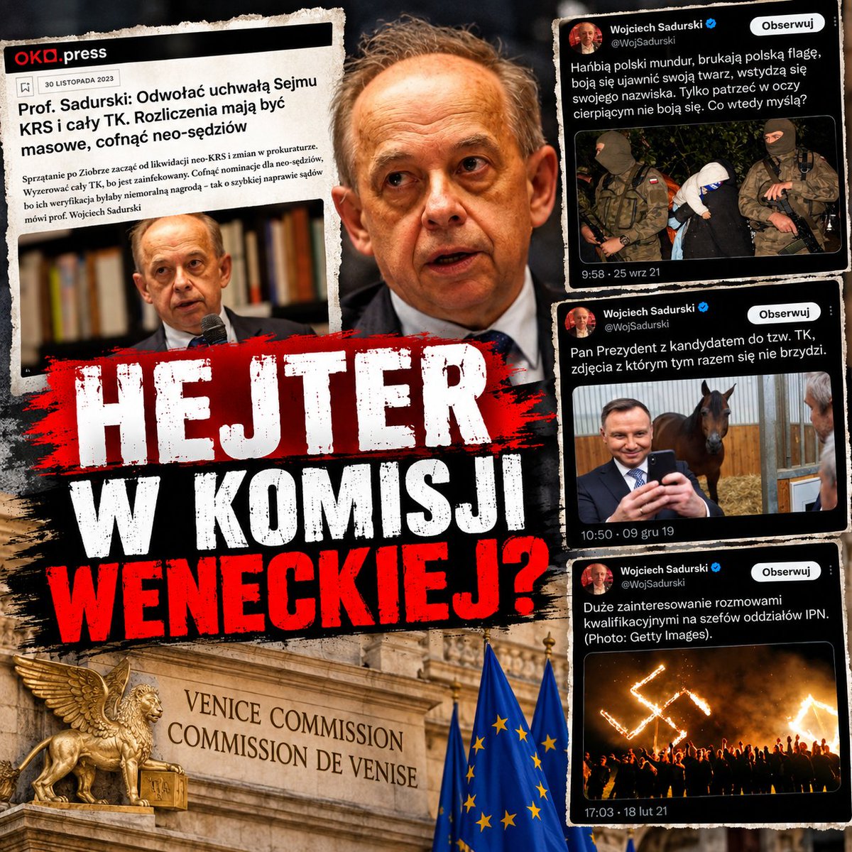 PRAWNICYdlaPOL's tweet photo. 🚨„Hejter” w Komisji Weneckiej.

❓Czy członek Komisji Weneckiej naprawdę może być „internetowym hejterem”?
I to nie byle jakim hejterem – w końcu jest profesorem!
Poznajcie @WojSadurski, który w mediach społecznościowych regularnie używa osobistych, obraźliwych lub pogardliwych określeń w odniesieniu do innych osób – zwłaszcza tych, z którymi się nie zgadza.

👉Co dokładnie napisał?

W 2020 roku, komentując powierzenie sędziemu Sądu Najwyższego @SN_RP_  Aleksandrowi Stępkowskiemu obowiązków I prezesa @SN_RP_  (który posiada stopień doktora habilitowanego), @WojSadurski  określił go mianem „fanatyka Opus Dei” i porównał do Ku Klux Klanu.
Jego poprzednika, sędziego Sądu Najwyższego Kamila Zaradkiewicza @Zaradkiewicz_K (który również posiada stopień doktora habilitowanego), nazwał „drżącym małym szaleńcem w piżamie”.

W sporach z PiS @PrawoiSprawied1 na Twitterze porównał sposób działania tej partii do „zorganizowanej grupy przestępczej”, a Jarosława Kaczyńskiego @OficjalnyJK  jako jej „przywódcę”.

TVP określił jako „media w stylu Goebbelsa”, nazywając osoby związane z tą stacją między innymi „nieudacznikami” i „karierowiczami”.

Na Twitterze określił sędziego Sądu Najwyższego @SN_RP_  Konrada Wytrykowskiego @KKWytrykowski  jako osobę, która nie umie czytać.

Sędziego Sądu Najwyższego Jana Majchrowskiego (który posiada stopień doktora habilitowanego) nazwał „nikim”, „nieudacznikiem” i „łajdakiem”.

❗Ucieka się do wszelkiego rodzaju osobistych obelg. Jego zachowanie bez wątpienia mieści się w kategorii ataków osobistych.

🔴Co jeszcze?

Sędziów Izby Dyscyplinarnej Sądu Najwyższego określił jako „przeciętnych”, „nieudaczników” i „niekompetentnych”. Napisał również, że otrzymują oni „premie za ześwinienie się” – co jest wyrażeniem wyraźnie obraźliwym elementem personalnej deprecjacji.

Stworzył „Listę Sadurskiego” — 15 nazwisk opublikowanych na Twitterze:

Danuta Kania, Łukasz Piebiak, Adam Glapiński, Samuel Pereira, Jan Pietrzak, Maciej Nawacki, Grzegorz Bierecki, Michał Karnowski, Sławoj Leszek Głódź, Jan Majchrowski, Daniel Obajtek, Mateusz Morawiecki, Tadeusz Rydzyk, Łukasz Szumowski, Tomasz Sakiewicz.

Lista ta zyskała na znaczeniu w ��wietle wcześniejszego wpisu Sadurskiego dotyczącego tego, „jak będzie można (i trzeba) posprzątać po PiS”. Lista ta została powszechnie zinterpretowana jako „lista osób wykluczonych”.
@WojSadurski  rzeczywiście posługuje się osobistymi obelgami – atakując osobę przeciwnika, a nie jego argumenty – używając określeń takich jak „łajdak”, „zero”, „nieudacznik”, „szaleniec”, „przeciętniak” itp.

⚖️Czy taki sposób komunikacji jest zgodny ze standardami profesora prawa i członka Komisji Weneckiej?

@WojSadurski  stosuje w mediach wysoce konfrontacyjny styl komunikacji.

❓Czy jest to zgodne z rolą naukowca?

Uznajemy, że naukowiec ma pełne prawo do ostrej krytyki polityków, partii, instytucji czy orzeczeń sądowych. Nie ma też zasad wymagających, by profesor prawa był politycznie neutralny.

Istnieje jednak różnica między merytoryczną krytyką poglądów a osobistym dyskredytowaniem przeciwnika. Określenia takie jak „szaleniec” czy „fanatyk”, a także kojarzenie osoby lub grupy z Ku Klux Klanem, w oczywisty sposób sprawiają, że dyskusja przestaje być racjonalną debatą, a staje się prymitywnym rzucaniem obelg.

Wypowiedzi @WojSadurski  na Twitterze są nie do pogodzenia z godnością pracownika naukowego uczelni wyższej.

⚖️Czy taka osoba może pełnić funkcję obiektywnego i merytorycznego członka Komisji Weneckiej?

Komisja Wenecka jest organem doradczym Rady Europy zajmującym się takimi kwestiami, jak demokracja, praworządność, konstytucjonalizm oraz ochrona praw człowieka.

🇪🇺Należy zastanowić się nad spójnością między językiem, jakim zazwyczaj posługuje się @WojSadurski, a rolą wymagającą wyjątkowego autorytetu i fachowej bezstronności.

❗Agresywne zachowanie @WojSadurski, jego zaciekłe ataki na innych oraz uciekanie się do argumentów ad personam dyskwalifikują go jako członka Komisji Weneckiej.

🚨Jest dla nas oczywiste, że jego nominacja na przedstawiciela Polski w marcu 2026 r. nie wynikała z jego wiedzy ani kompetencji, lecz z lojalności wobec władz oraz historii wrogich wypowiedzi w sieci w latach 2017–2023.

@RepublikaTV @niezaleznapl @wPolscepl @PolsatNewsPL @coe 
 #WojciechSadurski #Hejt #Praworządność #StandardyDebaty