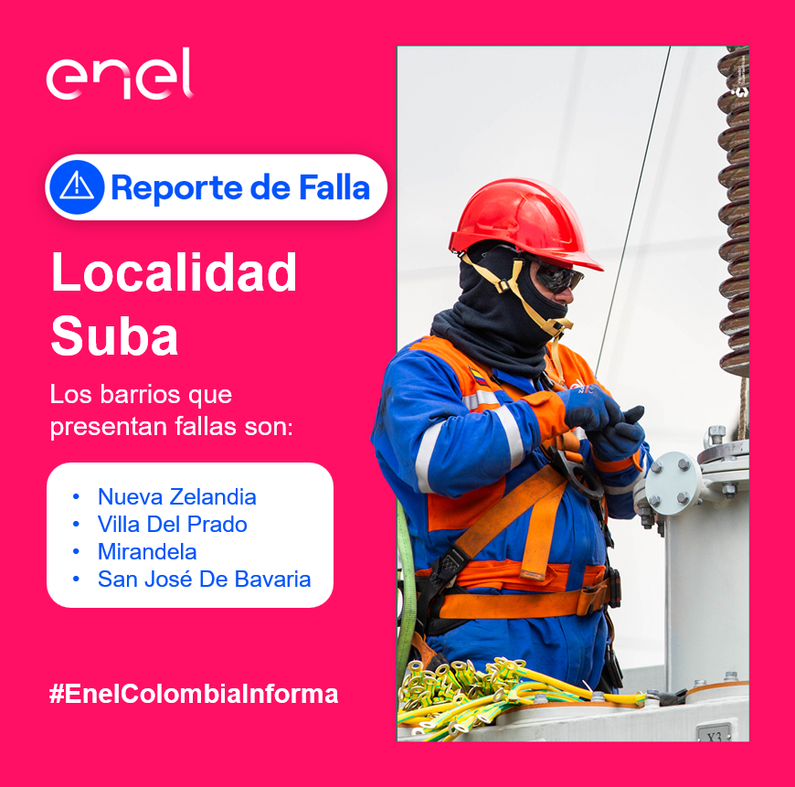 EnelClientesCO's tweet photo. #LocalidadSuba nuestro equipo se dirige a la zona para identificar la falla reportada, seguimos trabajando para ti 👨‍🔧⚡

Los barrios afectados son:
#NuevaZelandia, #VillaDelPrado, #Mirandela y #SanJoséDeBavaria

Te invitamos a estar pendiente de nuestros canales para mayor información.