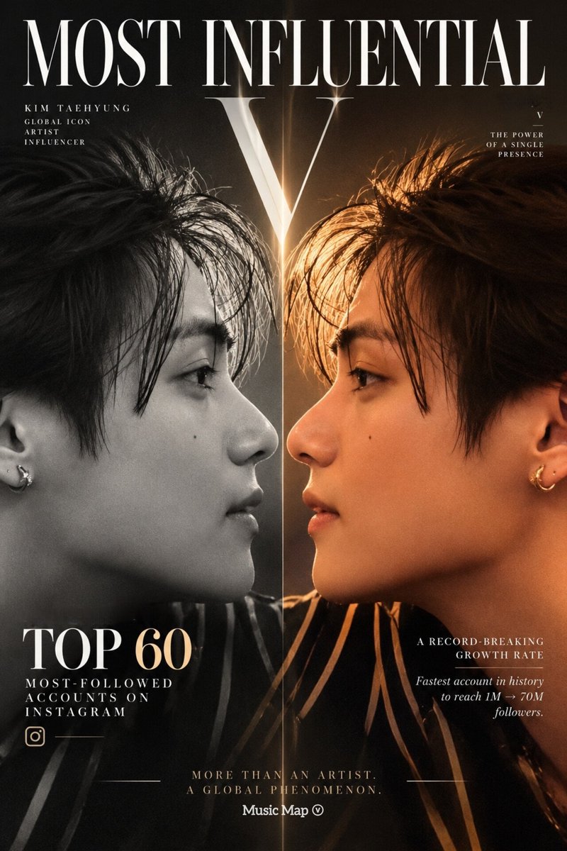musicmapv's tweet photo. Kim Taehyung has just entered the top 60 most-followed accounts on Instagram.

And this milestone adds to an impressive trajectory on the platform: a record-breaking growth rate, becoming the fastest account in history to reach 1 million through 70 million followers.

MOST INFLUENTIAL V
#KimTaehyung #V
#Taehyung