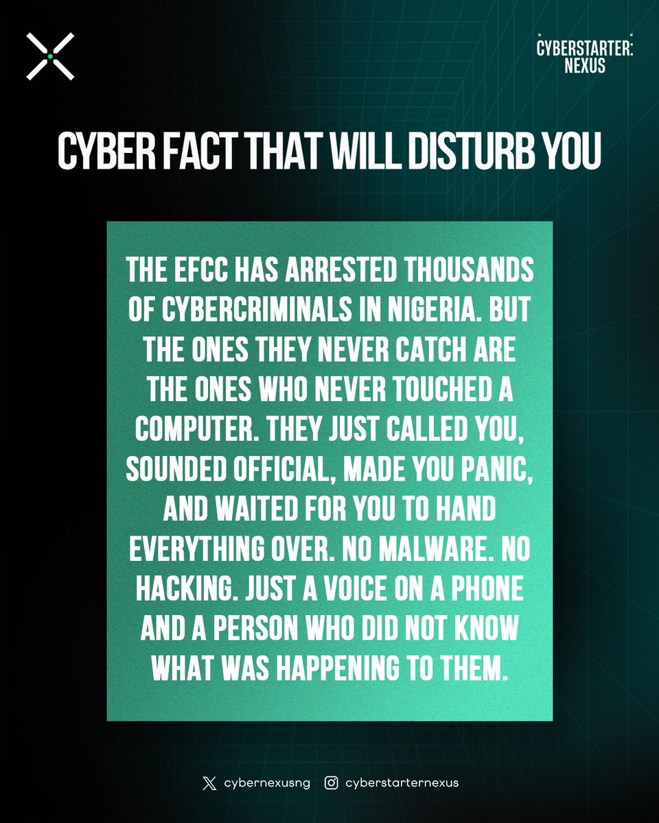 cybernexusng's tweet photo. Law enforcement announcements and media conversations about cyber threats usually revolve around complex lines of code, or a state-of-the-art hacking setup.

This makes you think that cybercrime is always some complex computer operation, or that if you do not click shady website links or download suspicious files, you are safe. 

When the reality is, a caller with just a regular phone, a fake identity, and psychological manipulation can carry out the same crimes without touching a computer.

The most devastating attacks in Nigeria were made with zero malware and zero technical exploits but the threat actors rarely ever get caught because they leave so little trails behind.