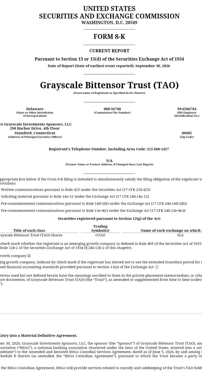 Robin_T100's tweet photo. Everyone is watching TAO as another crypto.

What if that’s the wrong way to look at it?
GTAO.

@Grayscale Bittensor Trust.

@BarrySilbert.

Open intelligence + institutional capital.

$TAO to trillions? https://t.co/XnqvEvTYYi