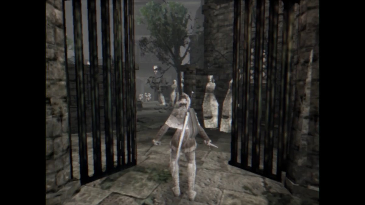 The image shows a screenshot from a third-person action game featuring a hooded warrior with weapons standing at an open iron gate, facing stone statues and a tree in a foggy, medieval-style courtyard. The post suggests the developer is excited their game has been shared or recognized by one of the "big 3" (likely Sony, Microsoft, or Nintendo), making this a dream come true moment reminiscent of childhood gaming aspirations.