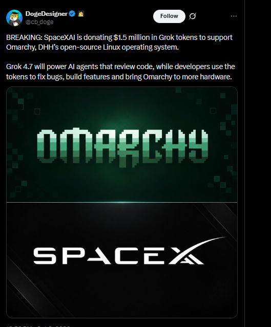 MarioPrezldente's tweet photo. This is good

Elon is donating millions worth of grok tokens to help this dev out with Omarchy (opensource linux)

It only makes sense for us to raise fees to support him even further

https://t.co/lzKkGBvlwu https://t.co/BZB4gZydpm