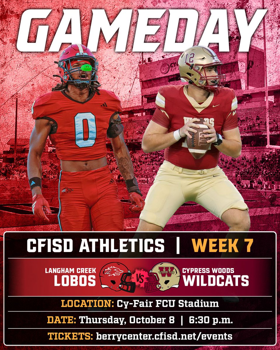 BerryCenter's tweet photo. 🎉 @LCLobosFootball 🆚 @CyWoodsFB212
⏰ 6:30 p.m. | 🏟 Cy-Fair FCU Stadium
🎉 Homecoming Night! Celebrate the tradition and enjoy another exciting Thursday Night Lights matchup.
#CFISDFootball @CFISDAthletics https://t.co/CeMr0y9lmh