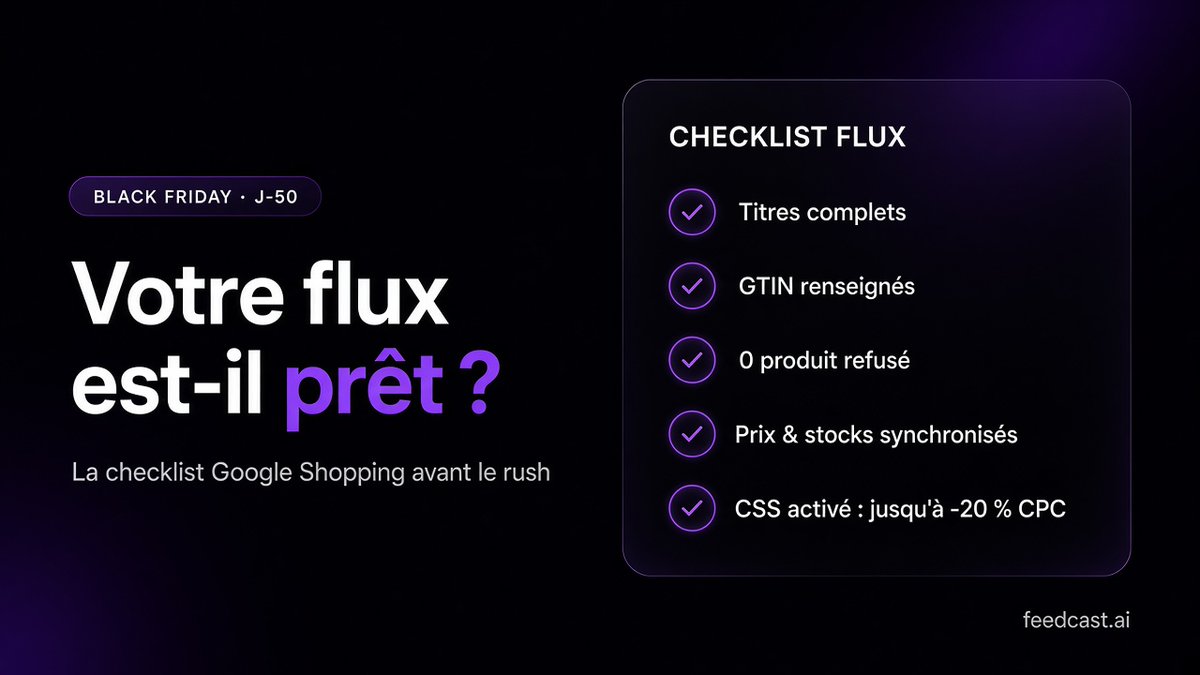 getfeedcast's tweet photo. Black Friday dans 7 semaines.

Checklist flux Shopping :
✅ Titres complets
✅ GTIN partout
✅ 0 produit refusé
✅ Prix/stocks synchro
✅ CSS activé (-20 % CPC)
L'Agent IA Feedcast coche une bonne partie pour vous 👇
https://t.co/UaMn53LGp1 https://t.co/BJc8AtmVgb