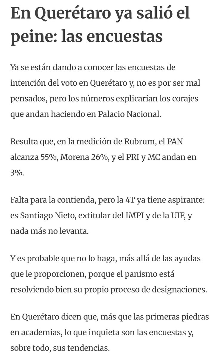 bereaguilarv's tweet photo. ¡Ouch! Esto, y no una primera piedra, es lo que tiene de malas a Sheinbaum: 

En las encuestas de intención del voto en Querétaro, el PAN alcanza 55% y Morena 26%. 

Ezdeke, el Cuyo Gigante nomás no prende…
@AuroradeMexico https://t.co/KmvzHcKtGE