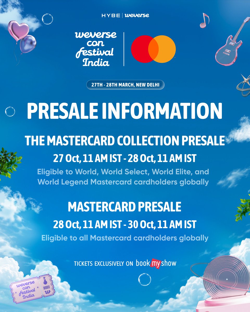 HYBE_INDIA's tweet photo. The countdown to your K-pop dream starts now✨
Make sure you’re ready.

Presale access and special benefits await Mastercard Cardholders.
Save the dates. Set your alarms. We’ll see you there.

27th - 28th March, New Delhi
Tickets exclusively on Bookmyshow
➡️ https://t.co/OxqcRwvWNW

#HYBEINDIA #WeverseConFestivalIndia