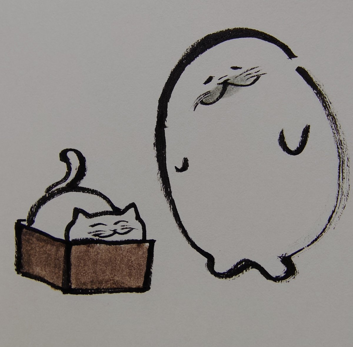 jissunboshi96's tweet photo. ダンボールが気に入ったネコを見て、自分も試してみるアザラシを描きました。 https://t.co/fEOaAdj3g3