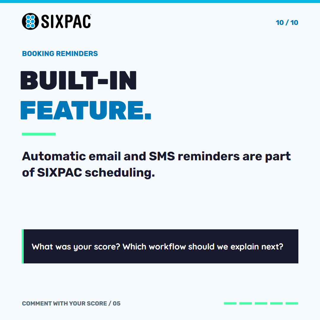 getsixpac's tweet photo. Feature or setting? Try two examples: schedule buffers and booking reminders. Guess before you swipe, then reveal the answers. Explore what's included: https://t.co/KLG6WG09jm #SIXPAC https://t.co/GB4iYBWlsi