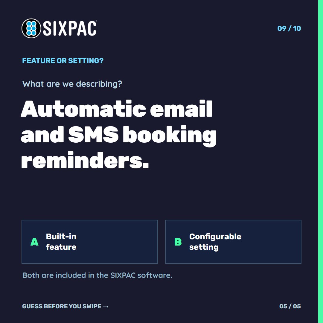 getsixpac's tweet photo. Feature or setting? Try two examples: schedule buffers and booking reminders. Guess before you swipe, then reveal the answers. Explore what's included: https://t.co/KLG6WG09jm #SIXPAC https://t.co/GB4iYBWlsi