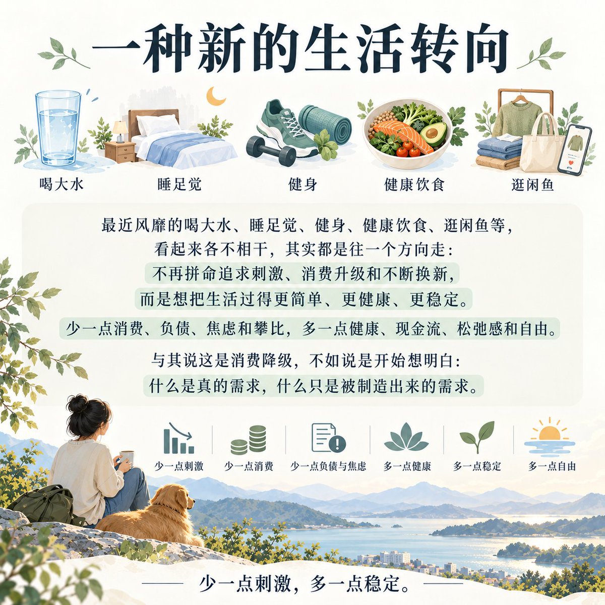 CyrusSI's tweet photo. 最近风靡的喝大水、睡足觉、健身、健康饮食、逛闲鱼等，看起来各不相干，其实都是往一个方向走：不再拼命追求刺激、消费升级和不断换新，而是想把生活过的更简单、更健康、更稳定。
少一点消费、负债、焦虑和攀比，多一点健康、现金流、松弛感和自由。
与其说这是消费降级，不如说是开始想明白：什么是真的需求，什么只是被制造出来的需求。