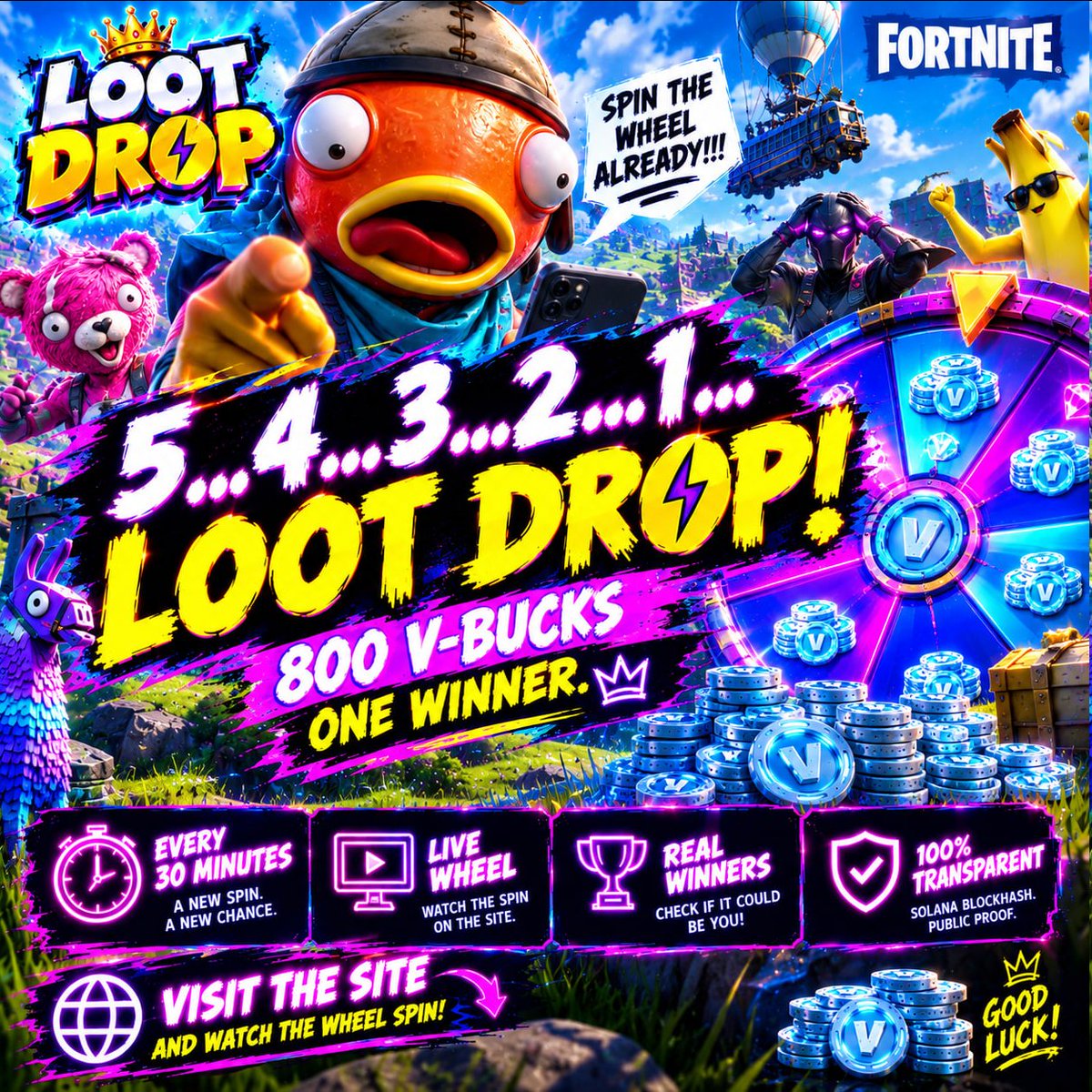 FortniteLootSol's tweet photo. 5... 4... 3... 2... 1... LOOT DROP 💥

Every 30 minutes the wheel spins and one $FORTNITE holder takes 800 V-Bucks. Watch it live, check the proof, see if it's you.

https://t.co/AnG1X0zOo5 https://t.co/ShsS08C0l7