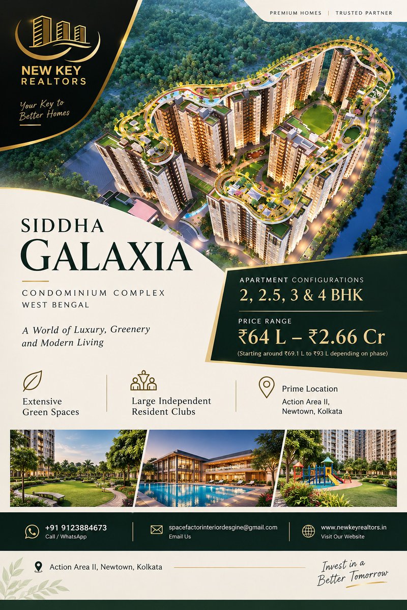 NewKeyRealtors's tweet photo. SIDDHA GALAXIA 

🏢 Apartment Options: 2, 2.5, 3 &amp; 4 BHK
💰  Price Range:  ₹64 Lakhs – ₹2.66 Crore
🌿 Expansive Green Spaces
🏡 Large Independent Residents’ Clubs
📍 Location: Action Area II, Newtown, Kolkata.

#SiddhaGalaxia #NewKeyRealtors #NewtownKolkata #ActionAreaII https://t.co/rbtj0ZmQmS