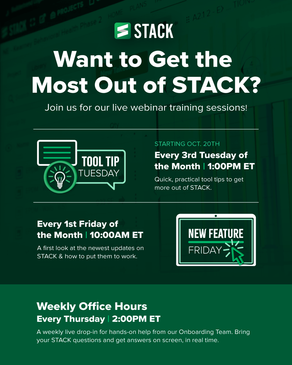 stackcontech's tweet photo. We're bringing live STACK training to you – on a schedule you can plan around:

Weekly Office Hours
Register: https://t.co/6E8TUNb2s7

New Feature Friday
Register: https://t.co/OqYEB8zD37

Tool Tip Tuesday
Register: https://t.co/3XkgSVqIEE https://t.co/ugqcFj0vJn