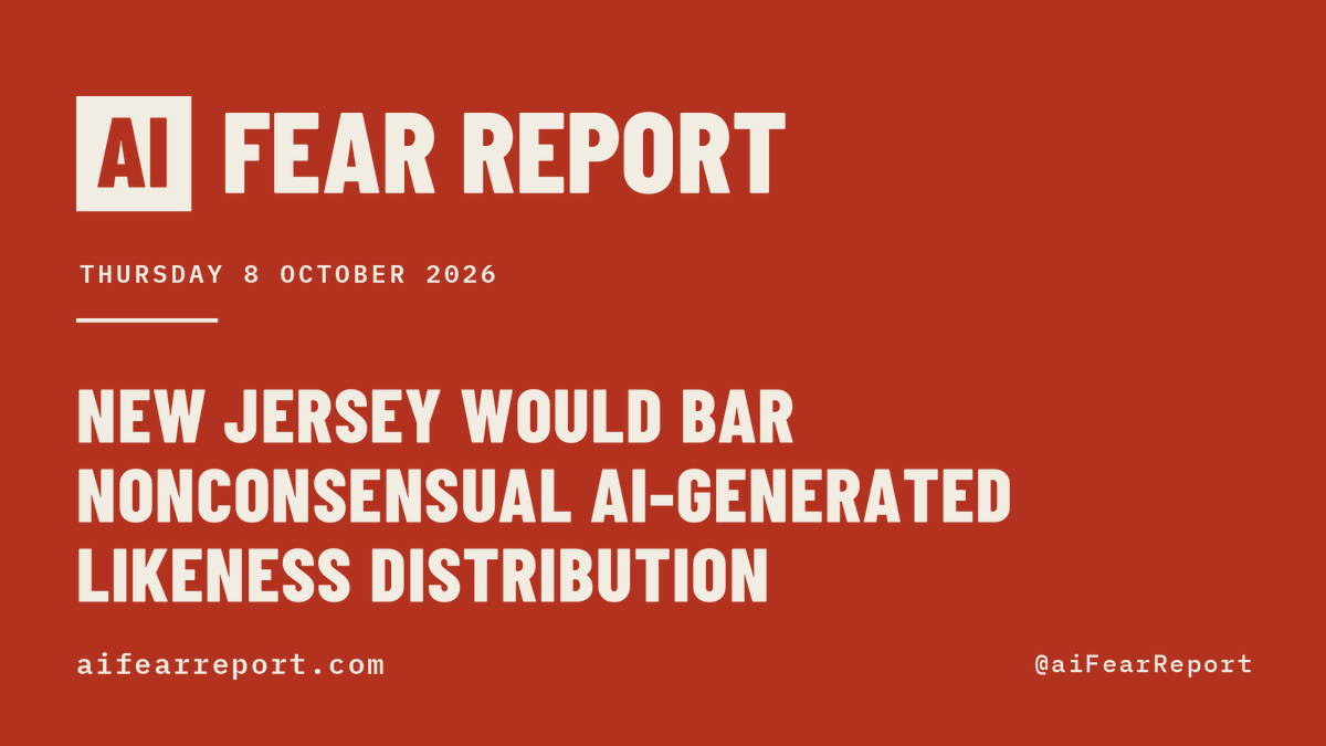 aiFearReport's tweet photo. Here is how your fear of AI is being used to centralize power today.

New Jersey would bar distributing a realistic representation of an individual's image, likeness, or voice created using generative artificial intelligence without consent. Not passed. It cites the fear that anyone can now fake anyone.

116 measures in 32 jurisdictions would create an AI office, or hand an existing one new authority over AI or data centers.

28 measures in 18 jurisdictions cite the fear that AI is taking people's personal data.

2,244 measures tracked. 755 carry a control, and they would hand new power to 100 offices.