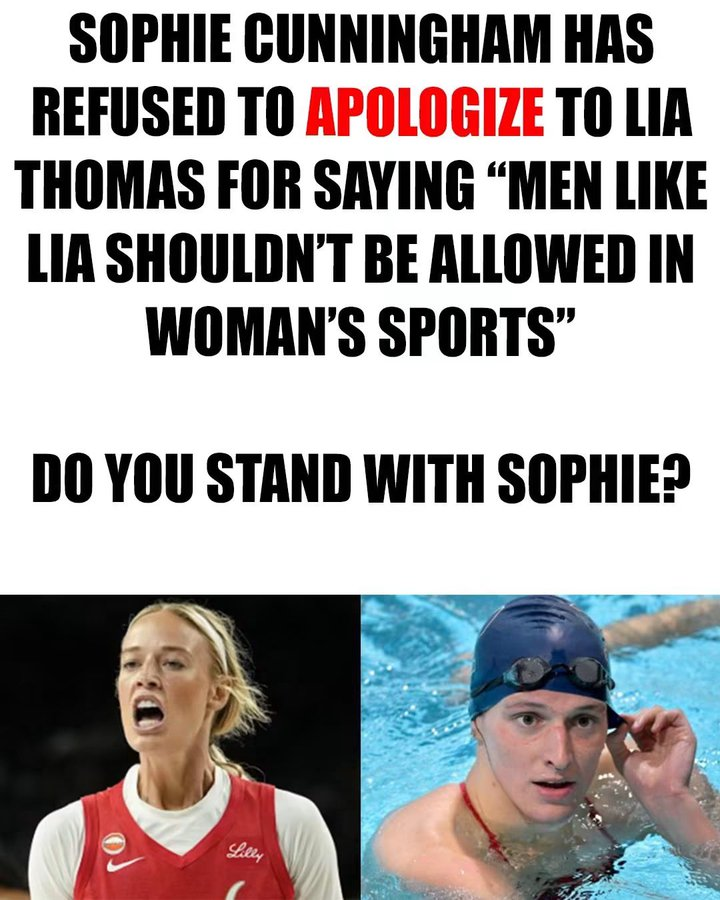 Taryn018Kis_'s tweet photo. Sophie Cunningham said men do not belong in women’s sports and she is not taking it back. Lia Thomas is the example she used and the apology never came. Do you stand with Sophie? https://t.co/F8bgqWfKqw
