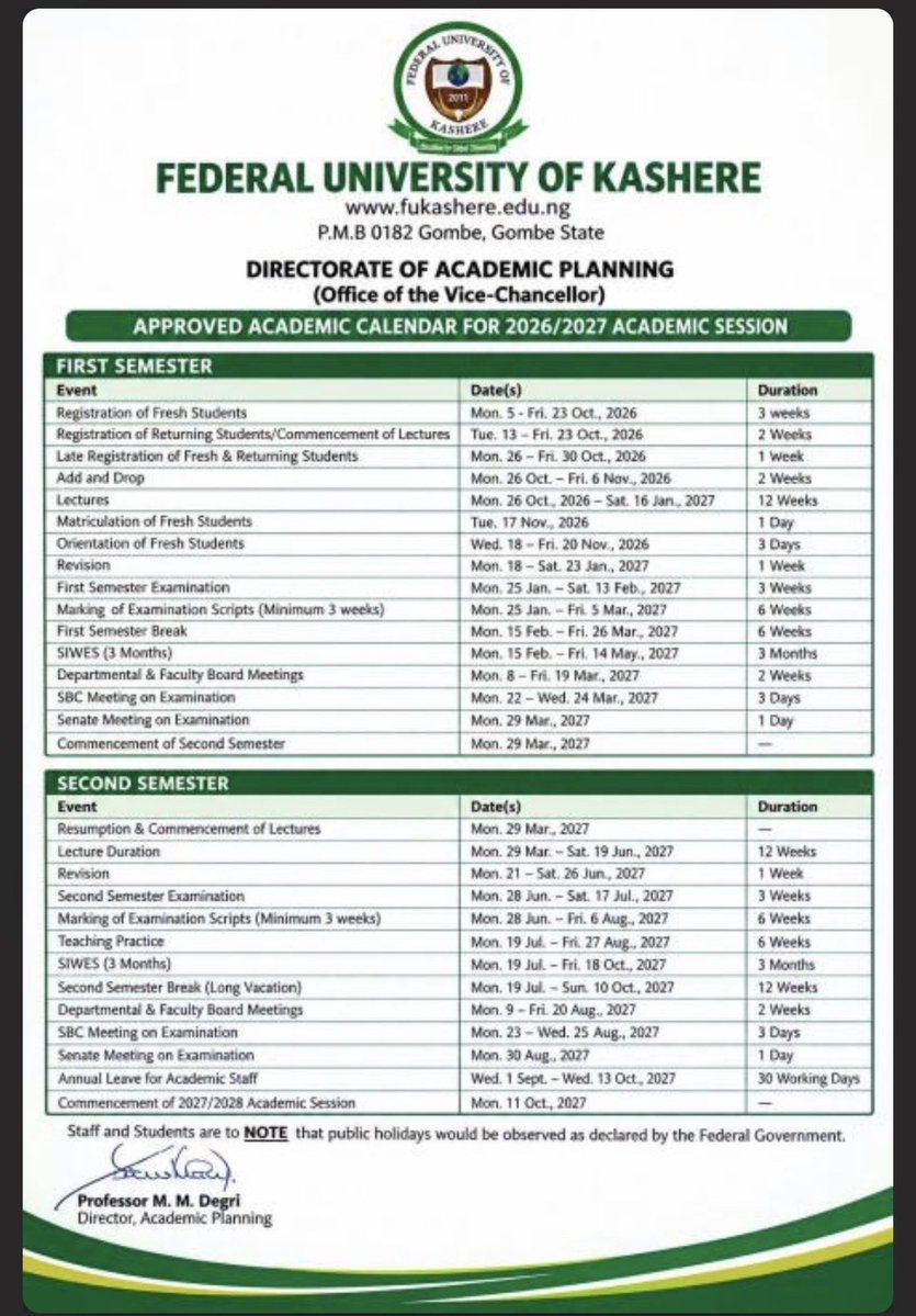 EfficientEduNG's tweet photo. FUKASHERE approved academic calendar 2026/2027 academic session

The Directorate of Academic Planning, Office of the Vice-Chancellor, Federal University of Kashere (FUKASHERE), has released the approved academic calendar for the 2026/2027 academic session. https://t.co/OjhcFlRDoR