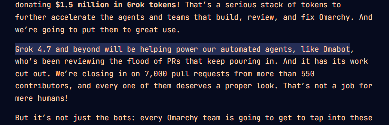 ddddddd8a's tweet photo. Alright so the whole point of the tokens is SpaceX is encouraging Omarchy to create their bot and power their agents

They named their agent "Omabot" which will be powered by these tokens

https://t.co/QKAowrrDWl

Sending fees to te github
https://t.co/CNQEekBogV https://t.co/SFoOhnir2e