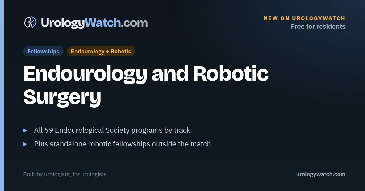 UrologyWatchHQ's tweet photo. New on UrologyWatch: two free fellowship navigators.

Endourology: all 59 US and Canadian programs by track, with the case numbers programs report.
https://t.co/RXleu47zO1

Robotic surgery: standalone fellowships that hire directly, outside the match.
https://t.co/ELT8ttVwWt https://t.co/sCG2Vt3FtM