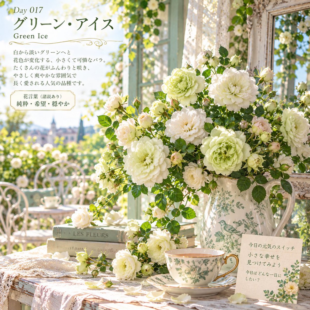 tsumugiaidays's tweet photo. 🌹今日の薔薇｜Day 017

グリーン・アイス（Green Ice）

白から淡いグリーンへと変化する、小さく可憐な薔薇🌿

今日は明るい朝のガーデンカフェをイメージしました☕️✨

「小さな幸せを見つけてみよう」

AIと旅する、365日の薔薇🌹

#今日の薔薇 #AIアート #薔薇 #AI画像 https://t.co/L5dLHlnSmW