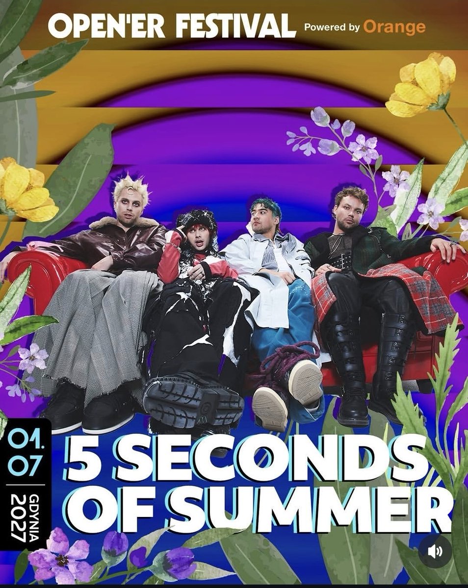 CALMDAlLY's tweet photo. 5SOS have been announced to play Open'er Festival in Poland next year!! The festival runs from June 30 - July 3rd 2027, and they're playing on July 1st! Tickets are on sale right now at https://t.co/RKapdvu2zW!! https://t.co/t1XVXdQ5XJ