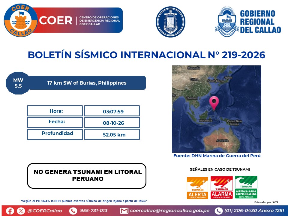 COERCallao's tweet photo. SISMO INTERNACIONAL N°0219 -17 km SW of Burias, Philippines
#Callao #Bellavista #CarmenDelaLeguaReynoso #laPerla #LaPunta #MiPeru #Ventanilla #GobiernoRegionalDelCallao #COERInforma https://t.co/J6Z0g2wcph