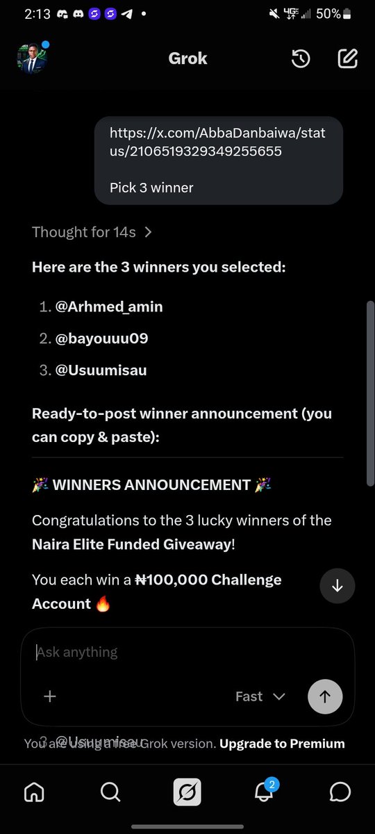 AbbaDanbaiwa's tweet photo. Congratulations to the 3 lucky winners of the **Naira Elite Funded Giveaway**!  

You each win a **₦100,000 Challenge Account** 🔥  

**Winners:**  
1. @Arhmed_amin  
2. @bayouuu09  
3. @Usuumisau  

Please **DM me** (@AbbaDanbaiwa) to claim your prize. https://t.co/rciYgpytGZ