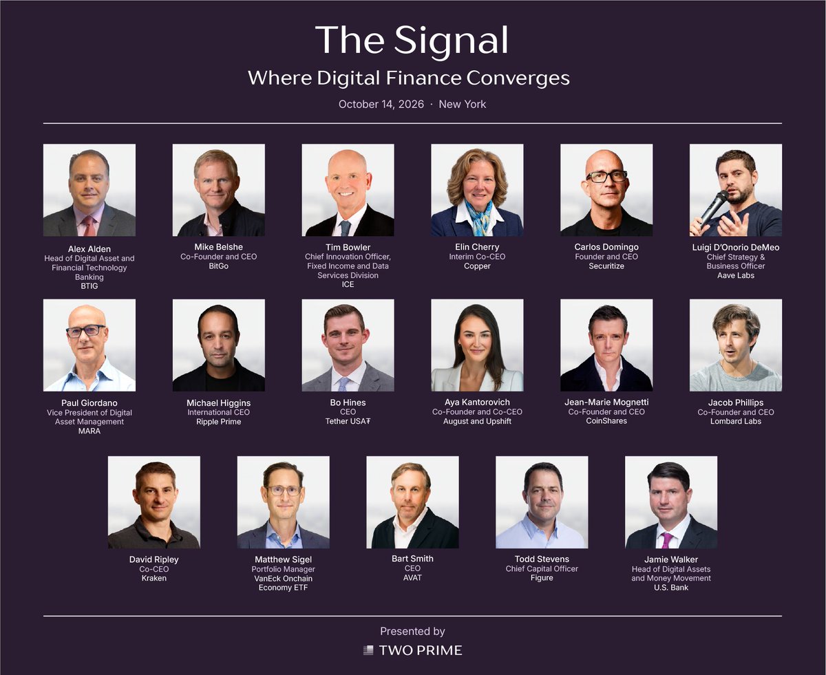 Two_Prime's tweet photo. The final roster for The Signal has been set!

Over 400 leaders in institutional crypto (both onstage and in the room) are coming together for one day to discuss the convergence of traditional and digital assets.

View the full schedule here: https://t.co/OQlLkSaTOO https://t.co/DlcDqKGSjy