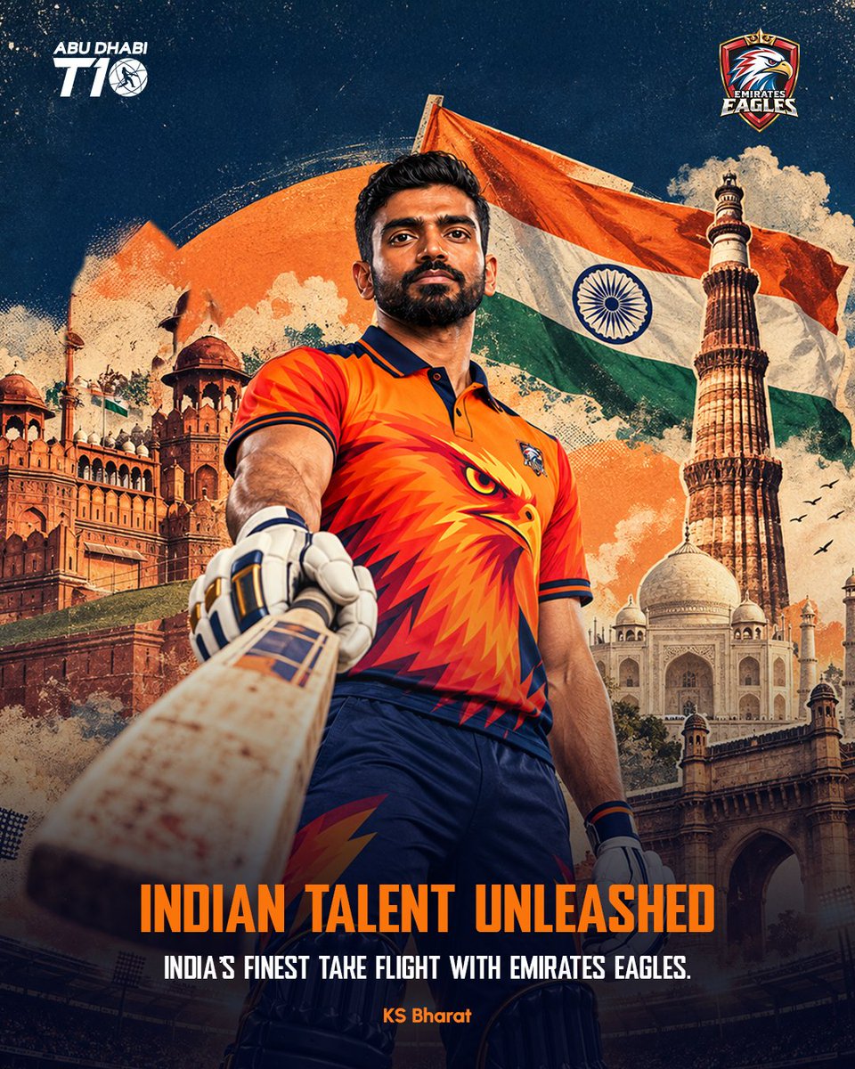 EmiratesEagles's tweet photo. Indian talent, ready to take flight. 🇮🇳🦅"

Behind the gloves. With the bat. Ready for the big moments.
KS Bharat joins the Emirates Eagles, bringing composure, experience and intent to the squad.
From India to Abu Dhabi,
the next flight begins here.

#EmiratesEagles #AbuDhabiT10 https://t.co/Ob4GDq4a6d