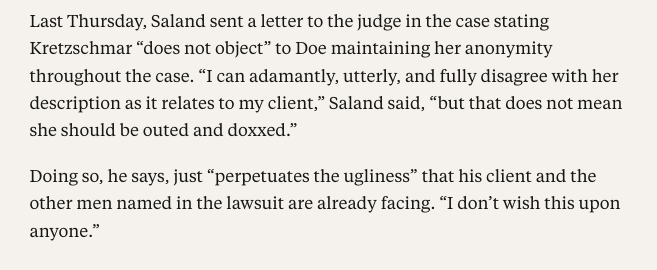 FrannieBlock's tweet photo. Another tidbit in my piece on Cornell 7 online doxxing -- Jeremy Saland, the lawyer representing one of the accused men, sent a letter to the judge in the case stating his client “does not object” to Doe maintaining her anonymity throughout the case. 

“I can adamantly, utterly, and fully disagree with her description as it relates to my client,” Saland told me & @MadeleineELong , “but that does not mean she should be outed and doxxed.”

Doe's lawyer said she has been subject to online harassment and doxxing from those pressuring her to try to drop the lawsuit. @TheFP