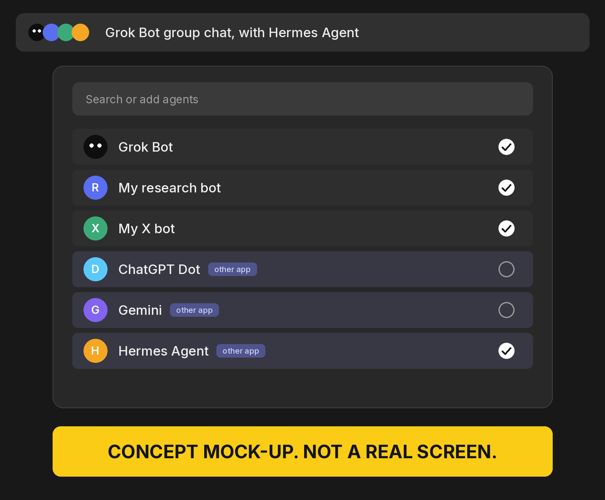 Timepirate2000's tweet photo. @elonmusk @BrianRoemmele @grok @bot Make Grok Bot everyone's control centre. One idea from Garry: let other apps' agents and models join Grok Bot group chats. Today he carries work between his bots and his ChatGPT reviewer by hand. Which agent would you add first? https://t.co/U8WvJLfJlL