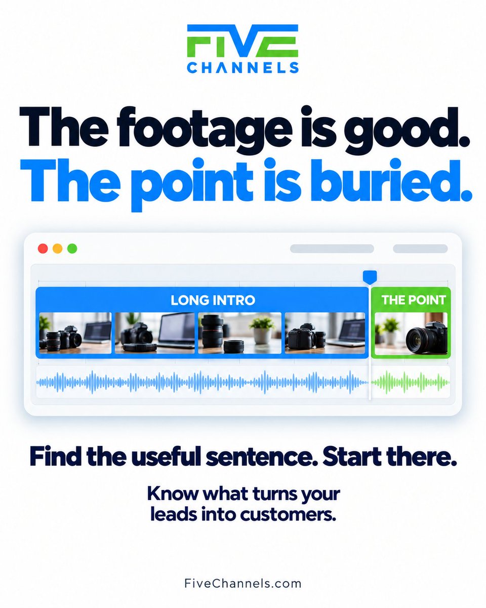 5Channels's tweet photo. The sentence that explains why your customer should care might be halfway through your video.

The camera work looks great. The audio is clear. But the introduction takes too long to reach the useful part.

Before recording again, review what you already have. Find the sentence that answers a customer’s question, explains the problem, or shows the work, then build the opening around it.

Keep the context that makes the message accurate. Trim the pauses and setup that delay it.

Save this for your next video review.

#FiveChannels #VideoEditing #ContentMarketing #SmallBusinessMarketing #VideoMarketing

Know what turns your leads into customers.