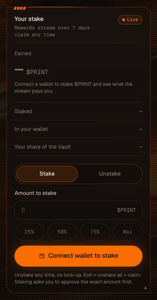 GetPrinther's tweet photo. The Printher Vault in 3 lines:

1. Stake PRINT. Withdraw any time.
2. Book payments and SI credit shares stream to stakers over 7 days.
3. Claim whenever you like.

Rewards depend on real activity. Nothing is promised.

https://t.co/gvsb0G7gK2 https://t.co/AxDOM2C5SY