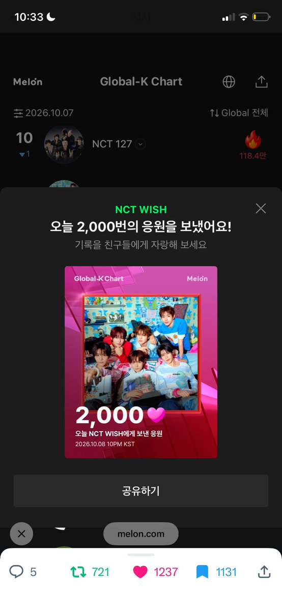 2te90t's tweet photo. [Global-K] 오늘 NCT WISH에게 응원 하트 2,000개 를 보냈어요
지금 하트 누르고 함께해요 #멜론글로
#TOP100 #GlobalKChart https://t.co/A5H6pS5GYV

#Melon_Heartattac https://t.co/4bybn6q3GV