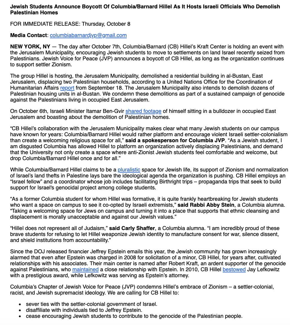 prem_thakker's tweet photo. New: Jewish students will boycott Columbia/Barnard Hillel as it hosts an Israeli group "encouraging Jewish students to move to settlements on land Israel seized from Palestinians."

Group recently demolished homes, displacing Palestinian families &amp; seeks to demolish dozens more. https://t.co/3Bnbm9G7Bs