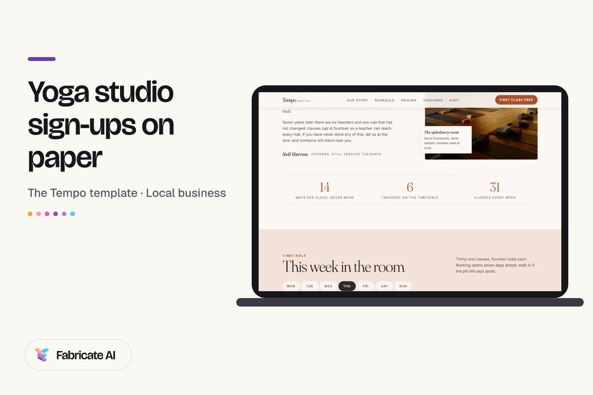 FabricateAi's tweet photo. Yoga studio sign-ups on paper, pass counts in a notebook.

With an app, students sign up on your class schedule. You see pass balances and check people in.

Start from Tempo, a free studio template in Fabricate AI, then describe what to add. No code.
https://t.co/XET8laGssa https://t.co/3dqGLK7yv3