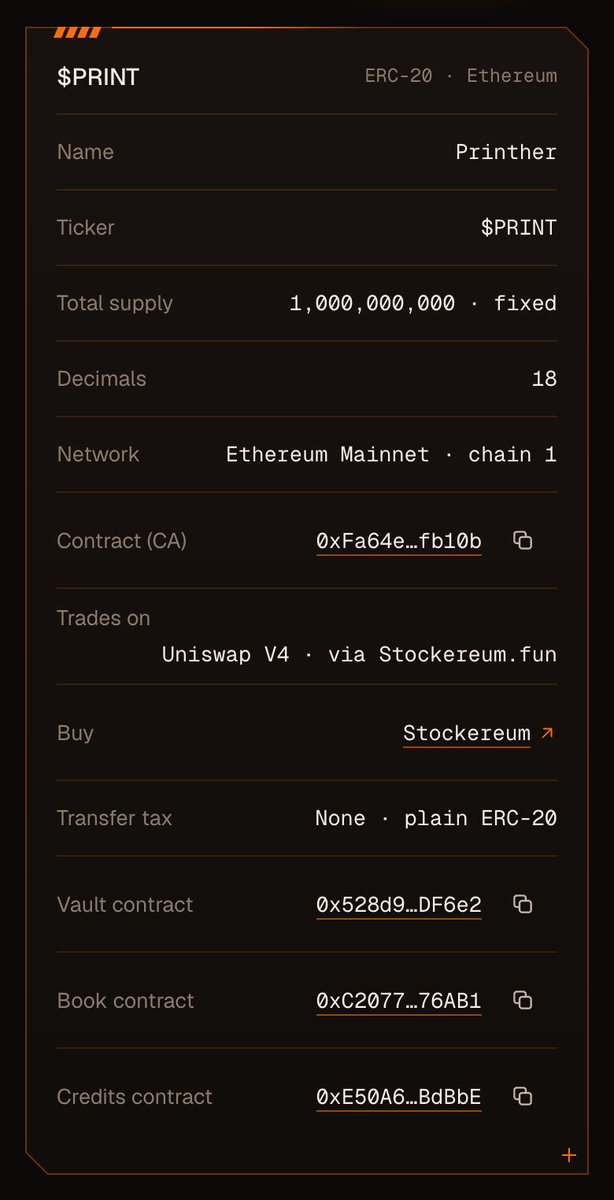 GetPrinther's tweet photo. PRINT, the facts:

- Plain ERC-20 on Ethereum mainnet
- 1,000,000,000 fixed supply
- No buy/sell tax
- Launched on https://t.co/hgGzt3Msva

CA: 0xFa64eDCb785F1E0AE237aD686245cbA419ffb10b

Always verify the CA. Not financial advice. https://t.co/YB1kJjwtaH
